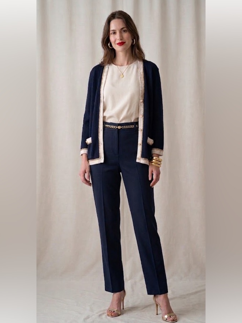 St. John Evening by Marie Gray Navy Cardigan Sweater Gold Ivory Trim Size 4 USA
